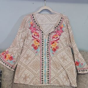 Savanna Jane Beige Embroidered V-Neck Tunic with Pink & Yellow Flowers